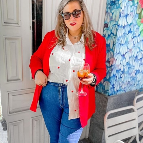 Cotton White Casual Shirt Embroidered Red Hearts Button Down Up Long Sleeve - Picture 15 of 16